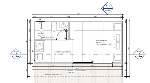 Planta baixa técnica Bangalô 24m² com cotas