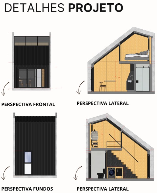Chalé Diamond, perspectivas frontal, lateral e fundos
